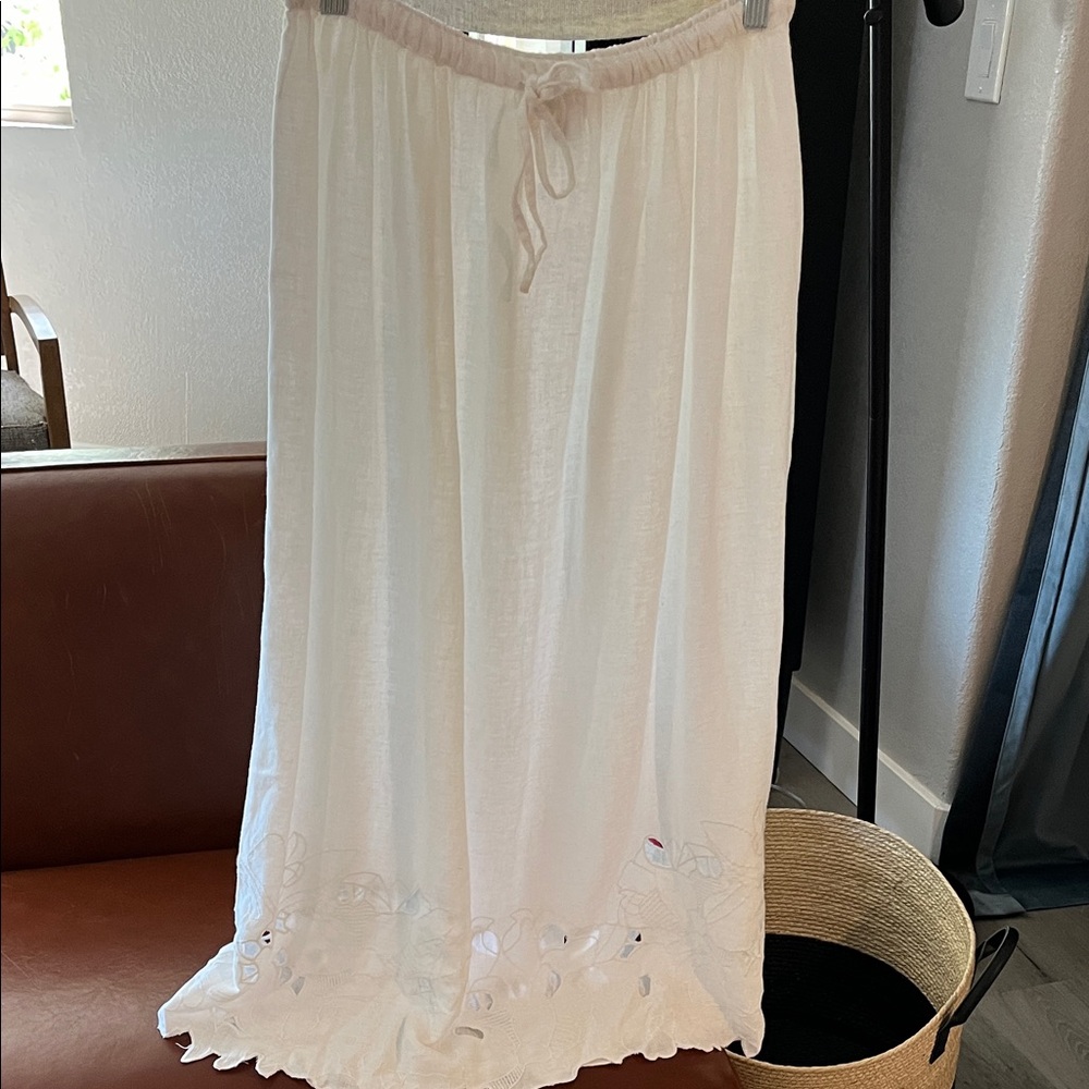 White Linen and Rayon Maxi Skirt with Embroidered Hem and drawstring waist